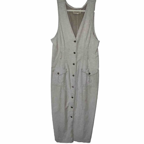 VTG MIDI Denim? Tank Dress Size 10 Tan Beige Button Down Cotton Made In USA 90s* - Picture 1 of 13
